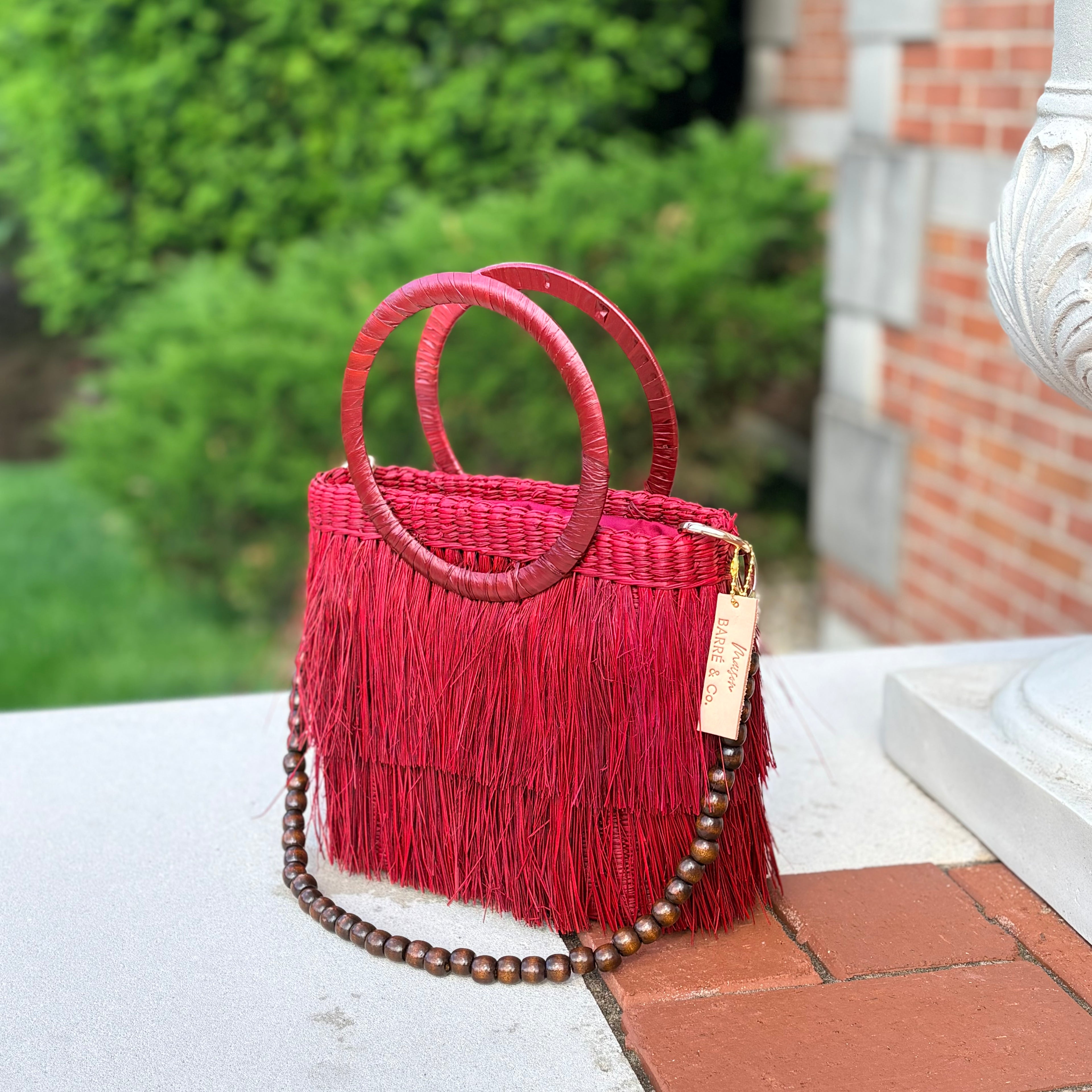 The Aurea Fringe Bucket Handbag - Red Bordeaux