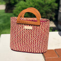 The Solana hat-style woven Handbag - Checkered Natural and Bordeaux