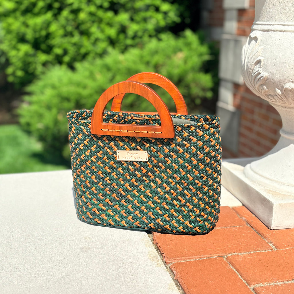 The Solana hat-style woven Handbag - Caramel and Green