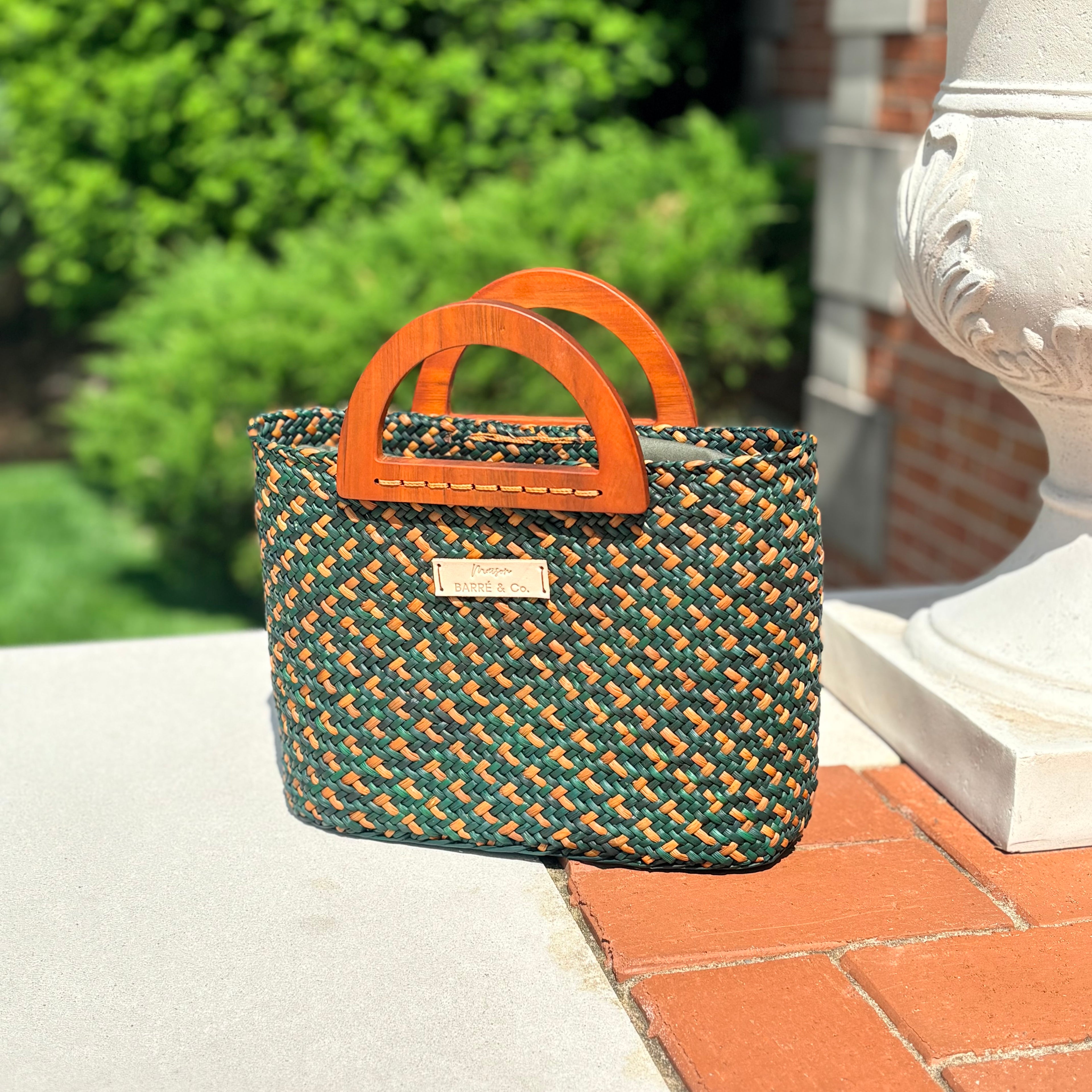 The Solana hat-style woven Handbag - Caramel and Green