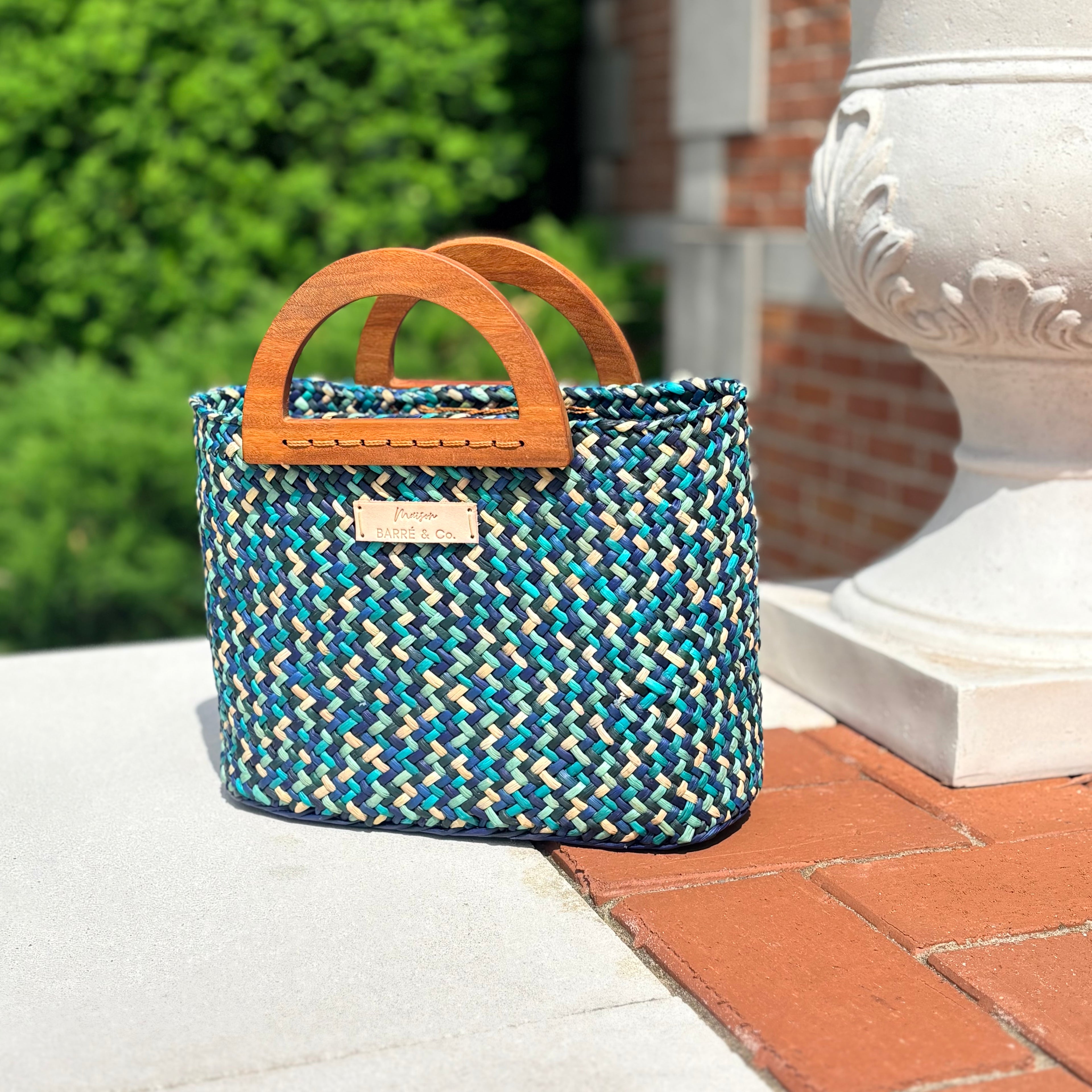 The Solana hat-style woven Handbag - Blue and Natural Mix