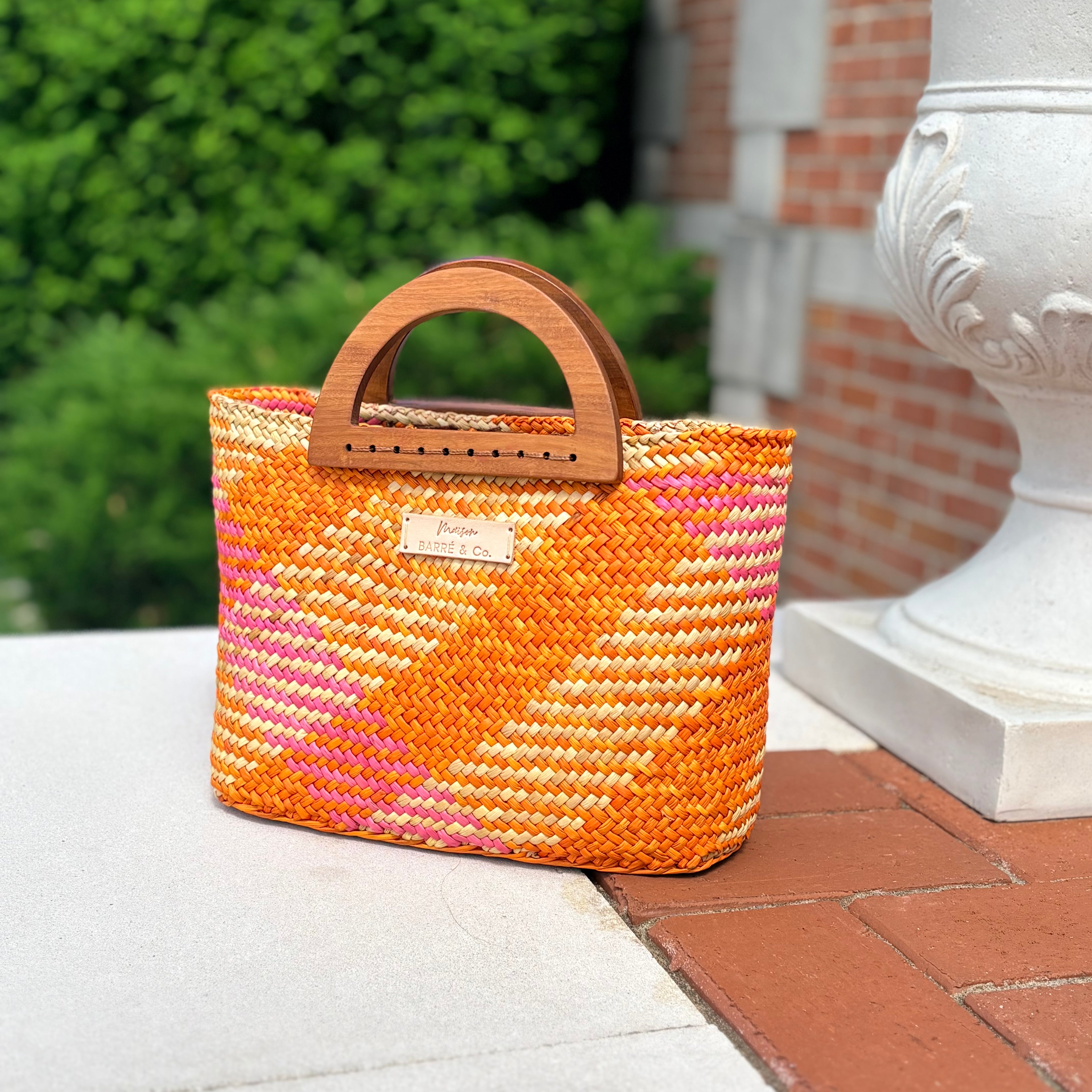 The Solana hat-style woven Handbag - Patterned Natural, Yellow, and Pink