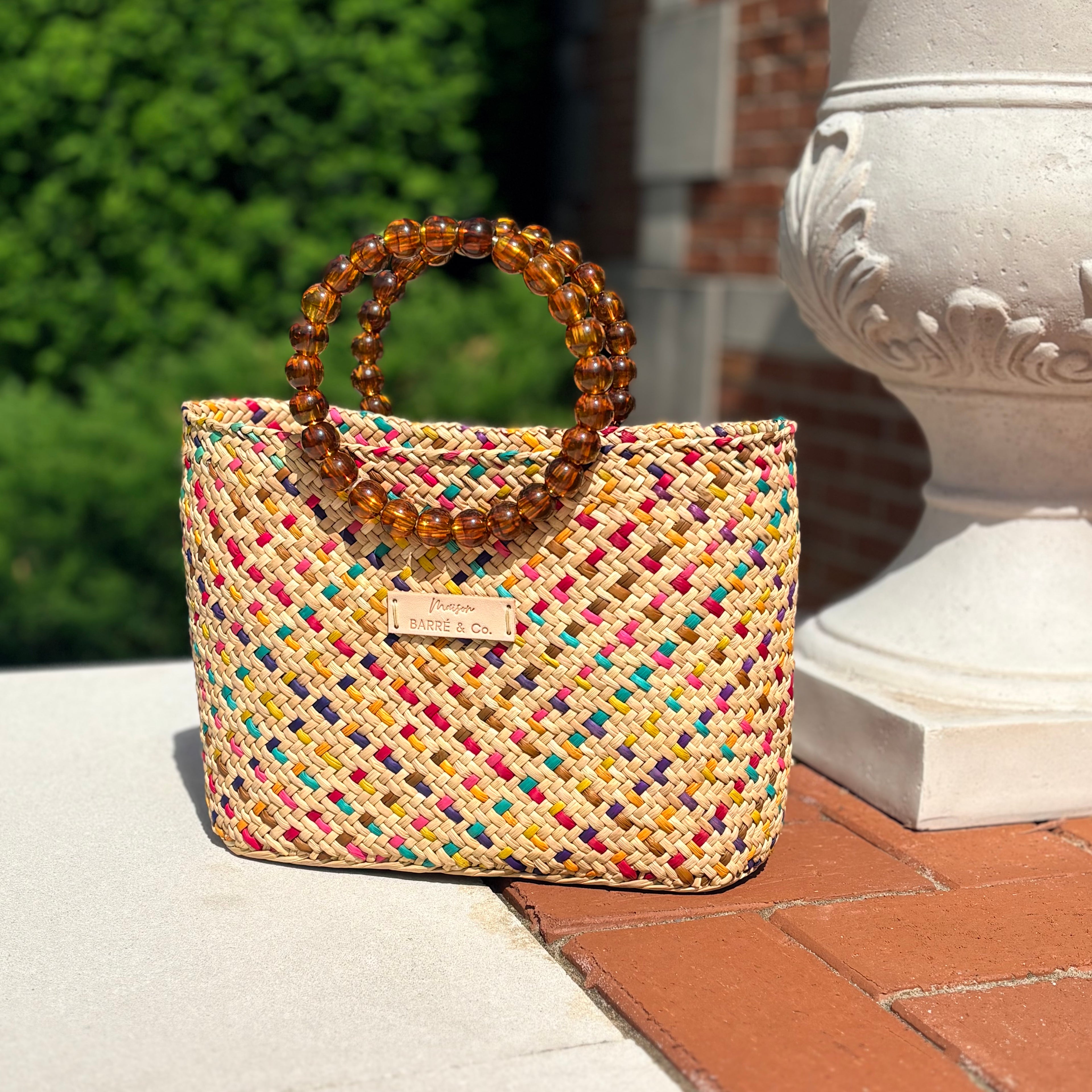 The Solana hat-style woven Handbag - Multi-color with beaded handles
