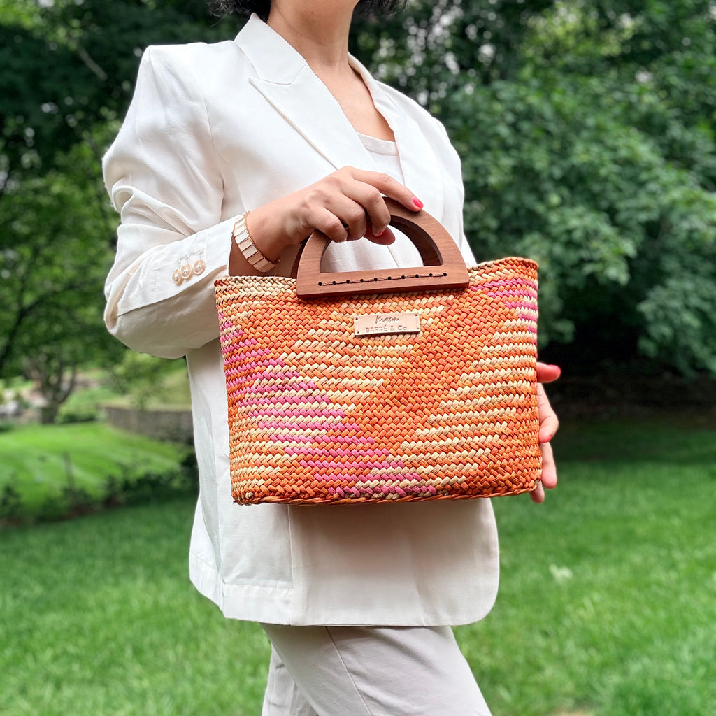 The Solana hat-style woven Handbag - Patterned Natural, Yellow, and Pink