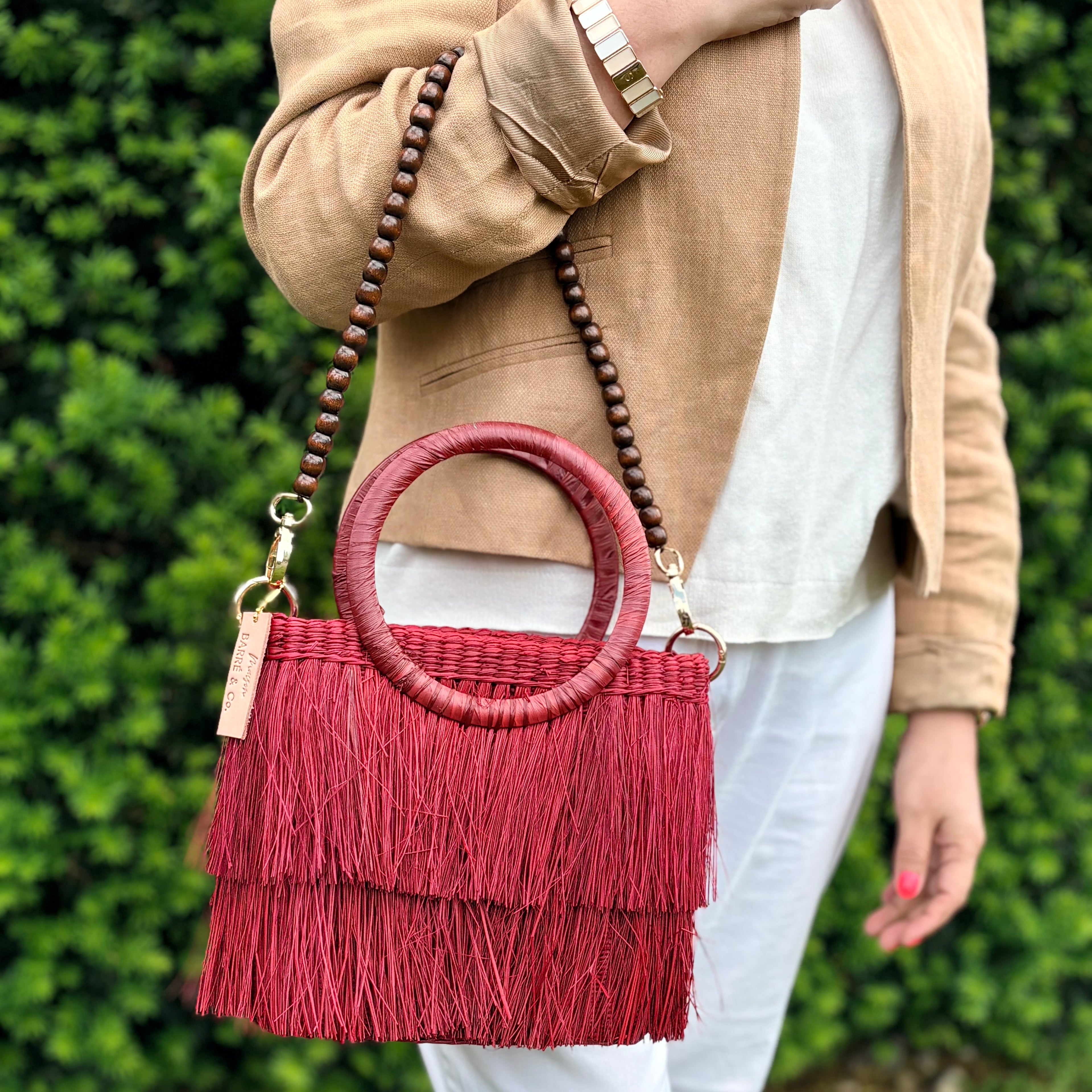 The Aurea Fringe Bucket Handbag - Red Bordeaux