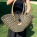 Le Panier Shoulder Tote Bag - Checkered Olive and Natural