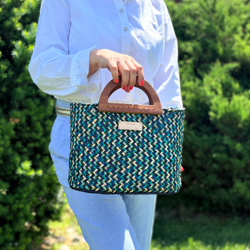 The Solana hat-style woven Handbag - Blue and Natural Mix
