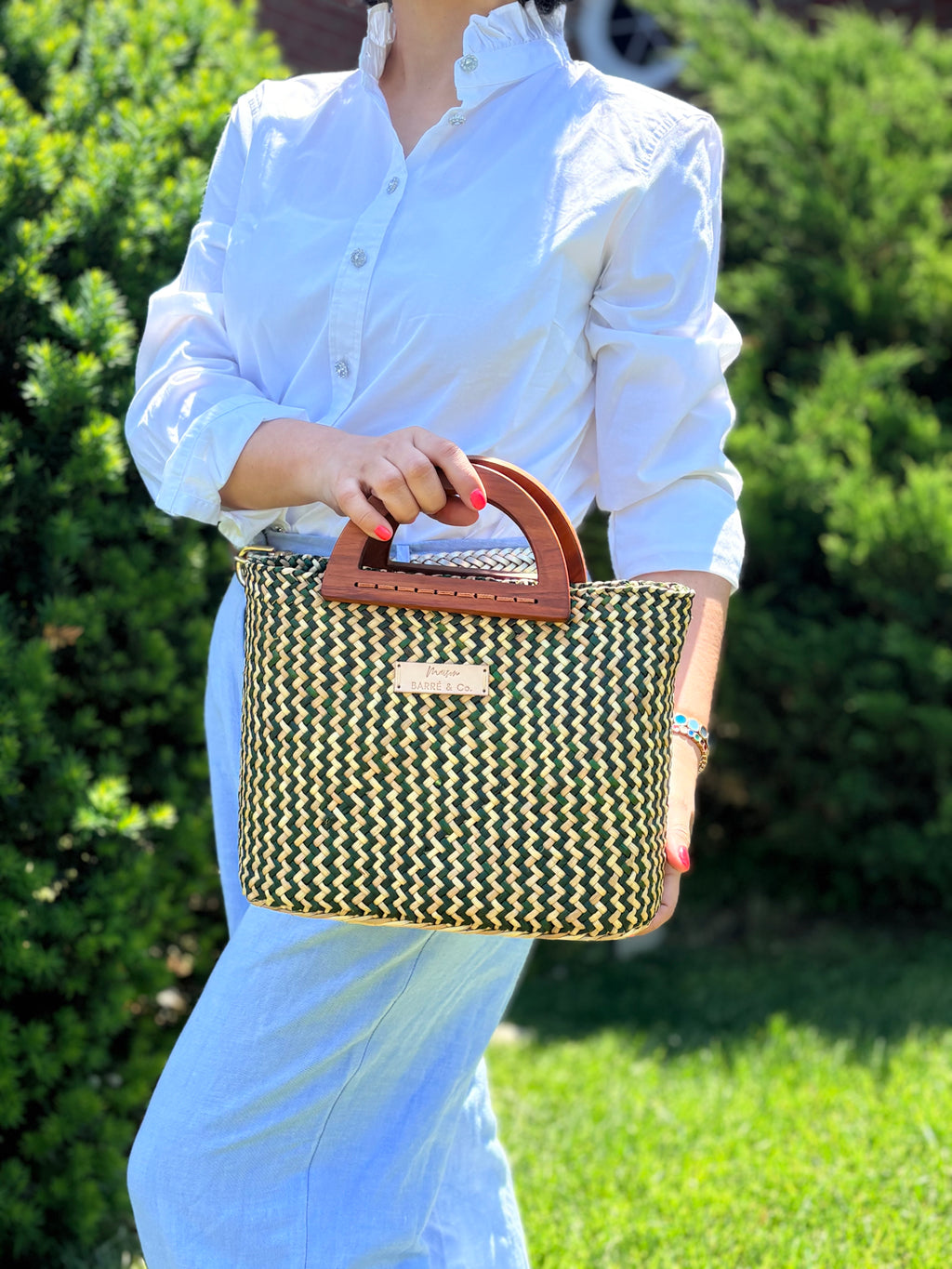 The Solana hat-style woven Handbag - Natural and Green