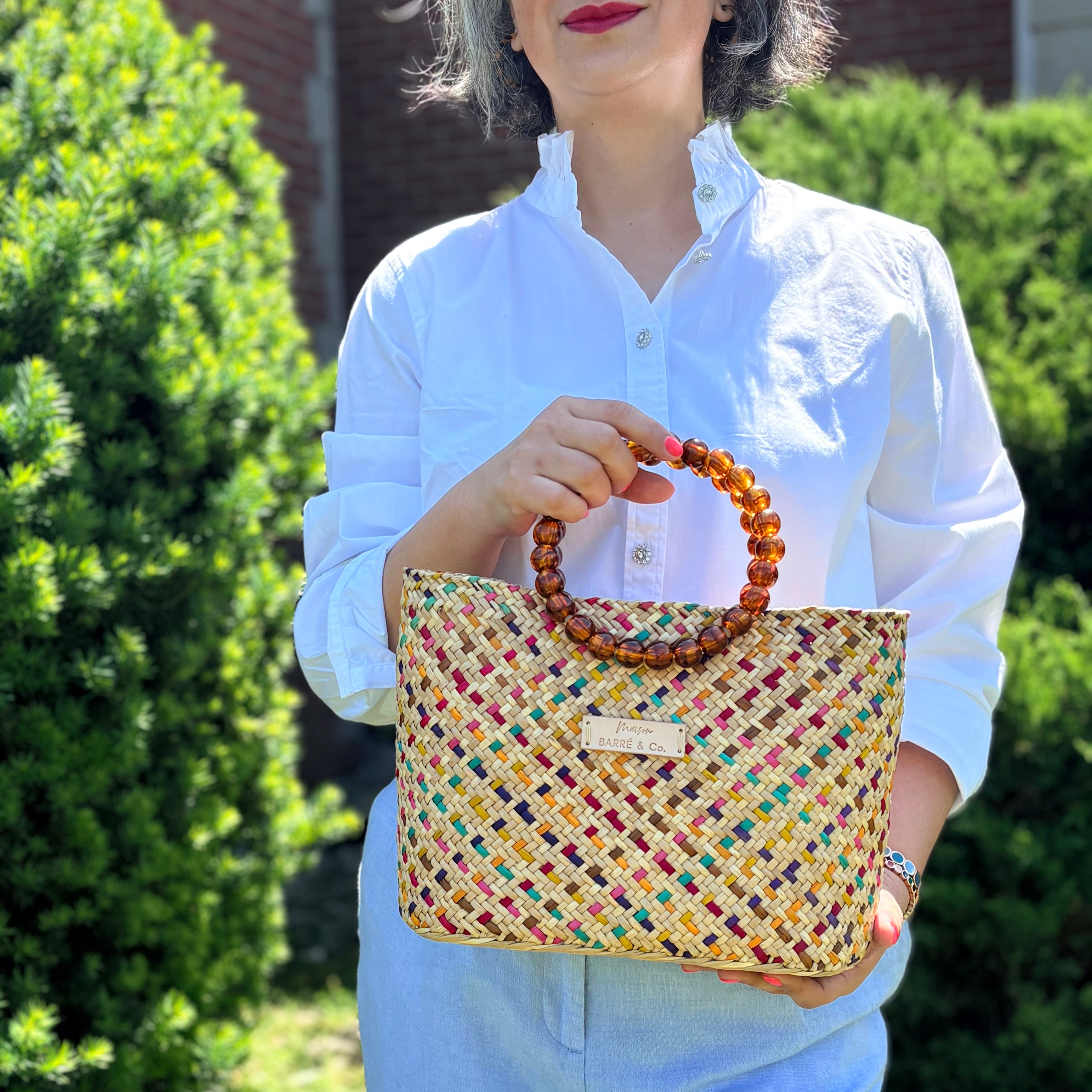 The Solana hat-style woven Handbag - Multi-color with beaded handles