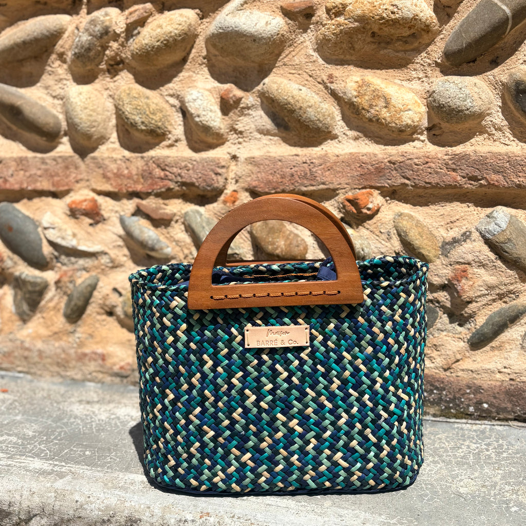 The Solana hat-style woven Handbag - Blue and Natural Mix