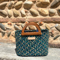 The Solana hat-style woven Handbag - Blue and Natural Mix