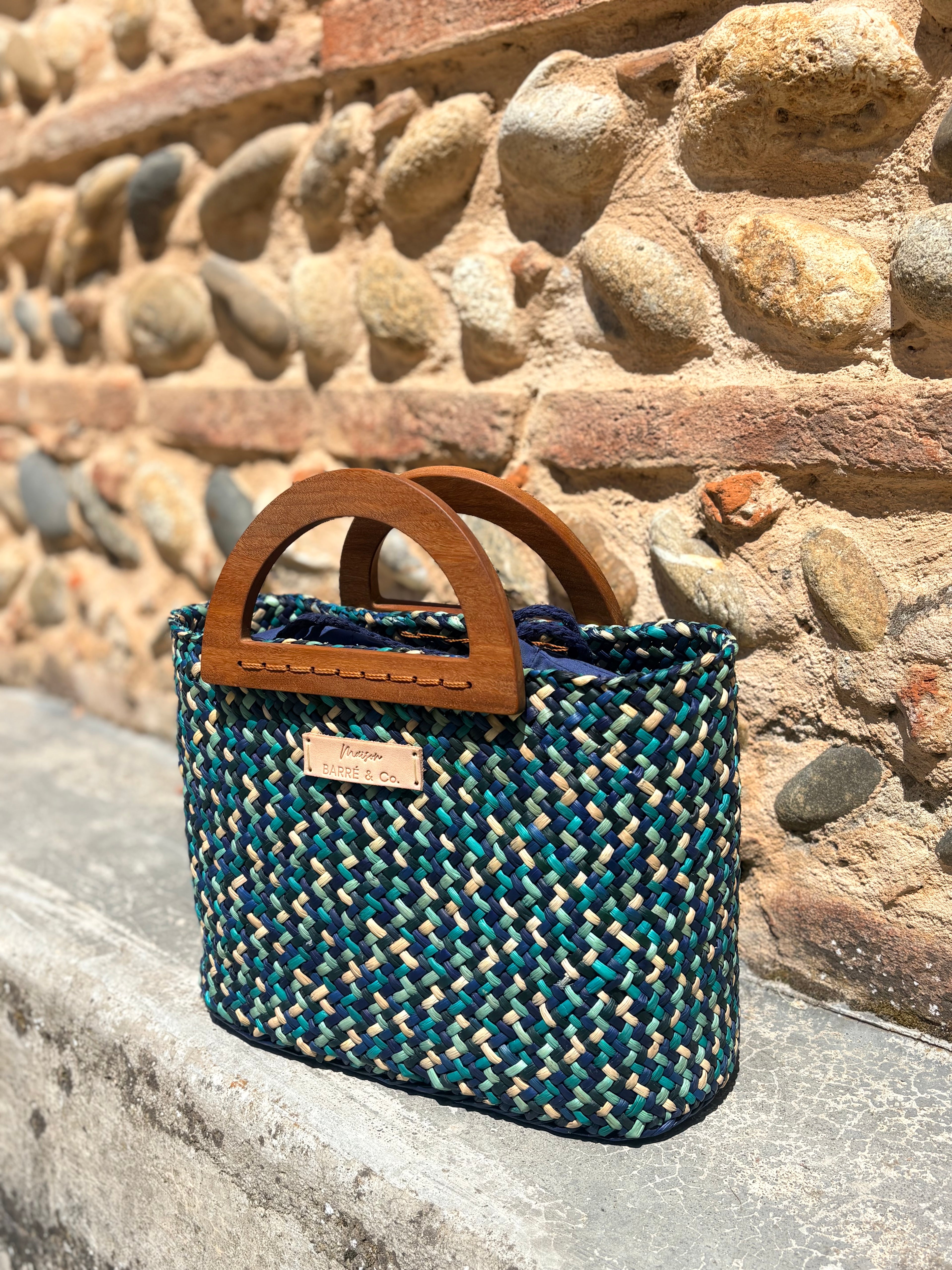 The Solana hat-style woven Handbag - Blue and Natural Mix