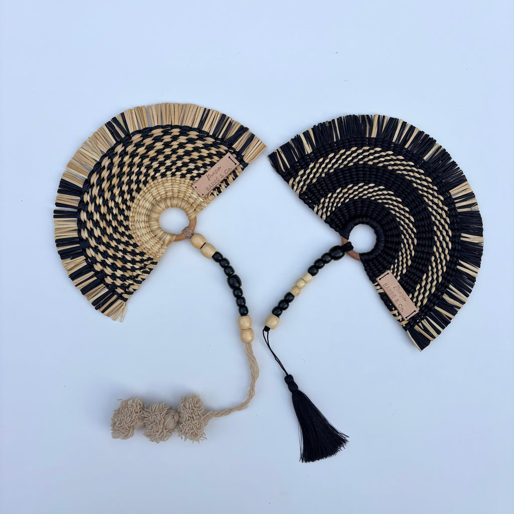 L'Arc Hand Fan with Small Wooden Handle - Black & Natural Striped