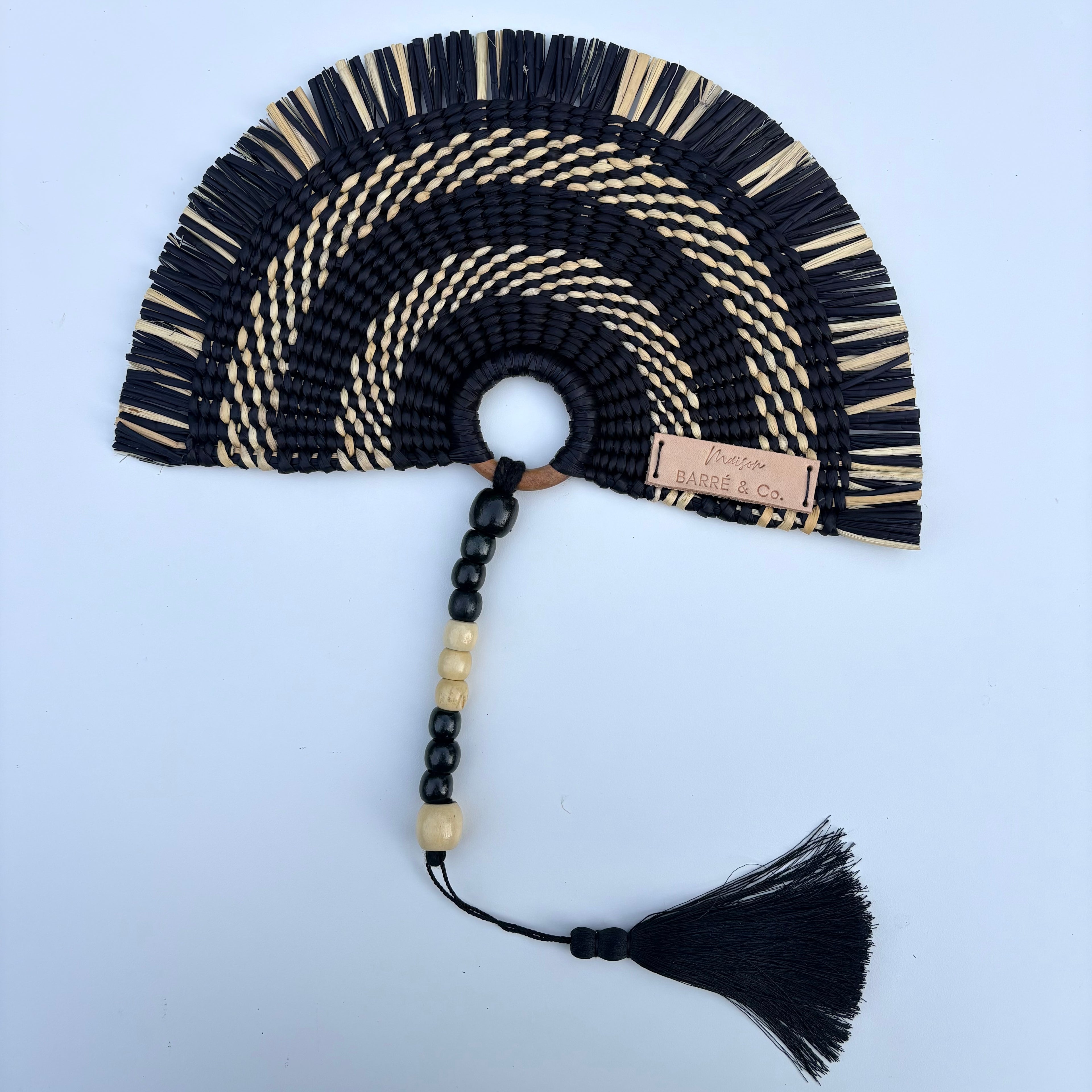 L'Arc Hand Fan with Small Wooden Handle - Black & Natural Striped