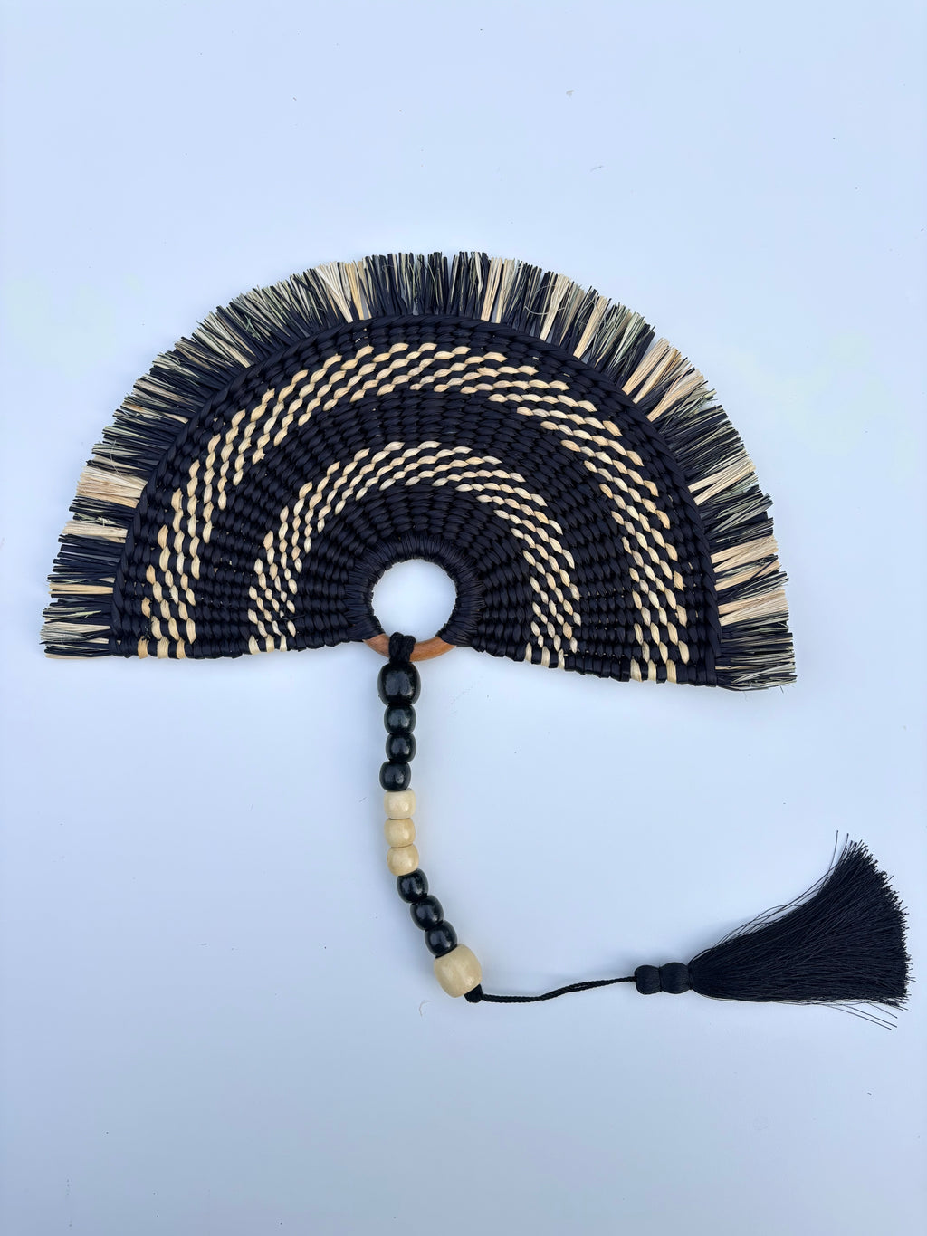 L'Arc Hand Fan with Small Wooden Handle - Black & Natural Striped