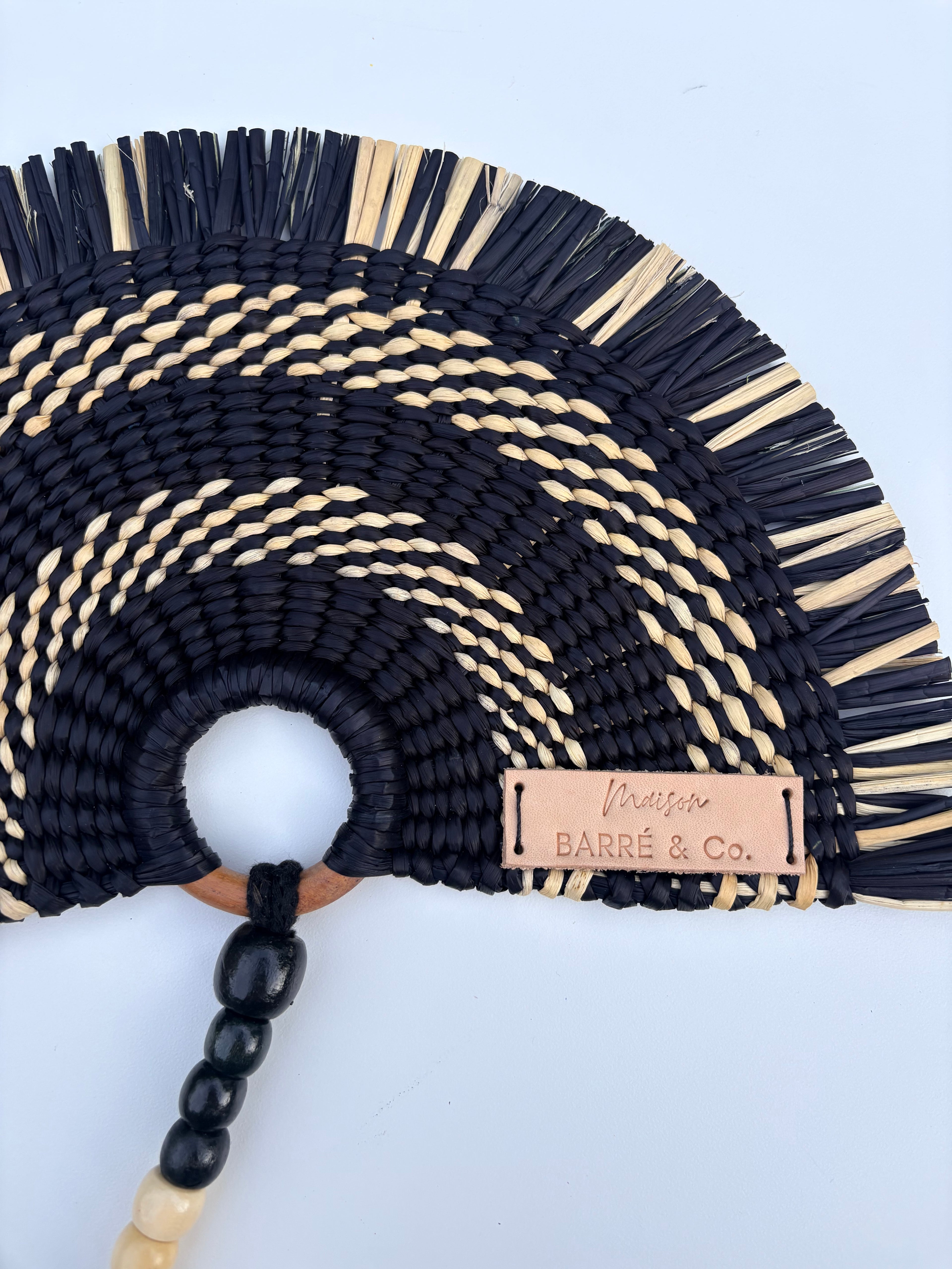 L'Arc Hand Fan with Small Wooden Handle - Black & Natural Striped