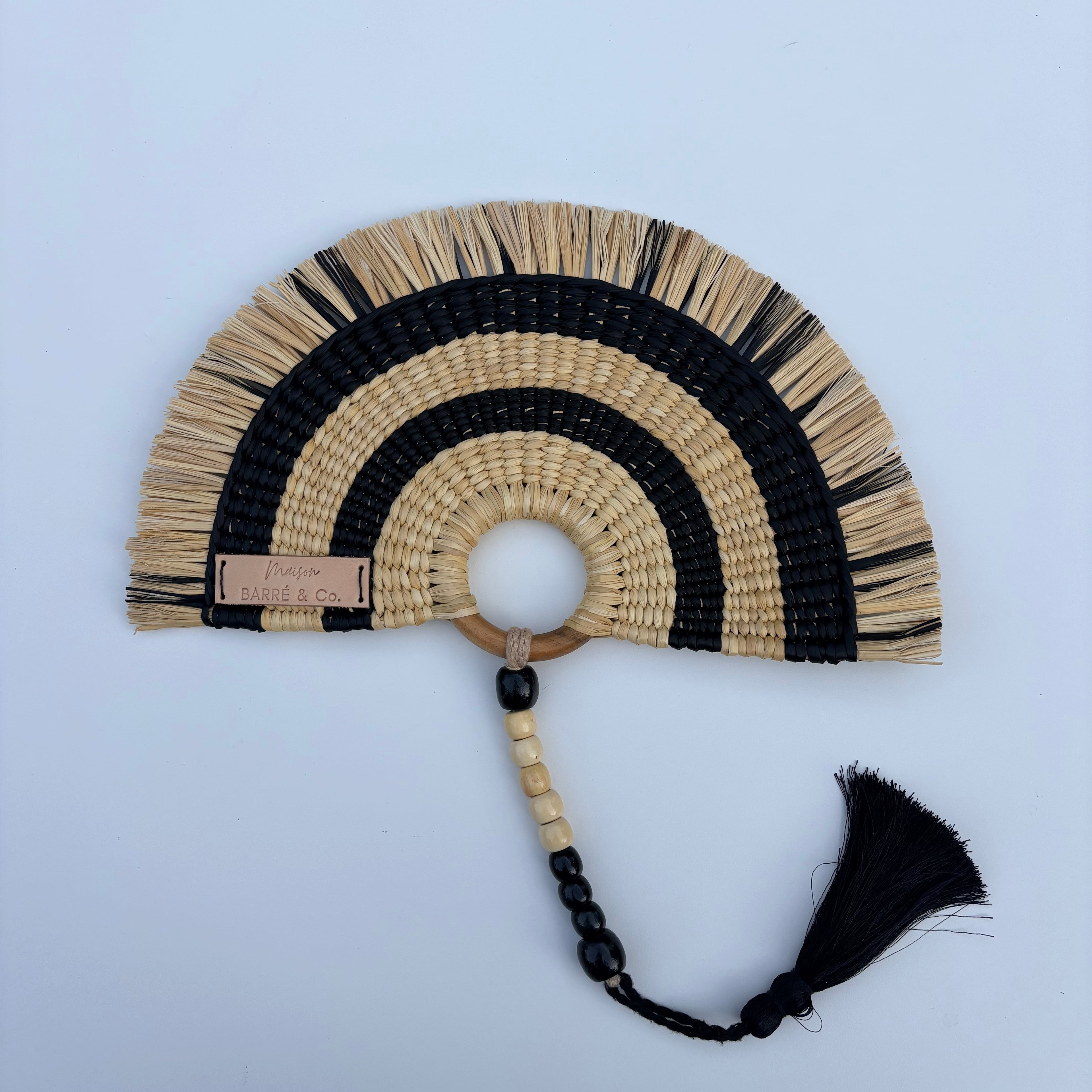 L'Arc Hand Fan with Medium Wooden Handle - Striped Black & Natural