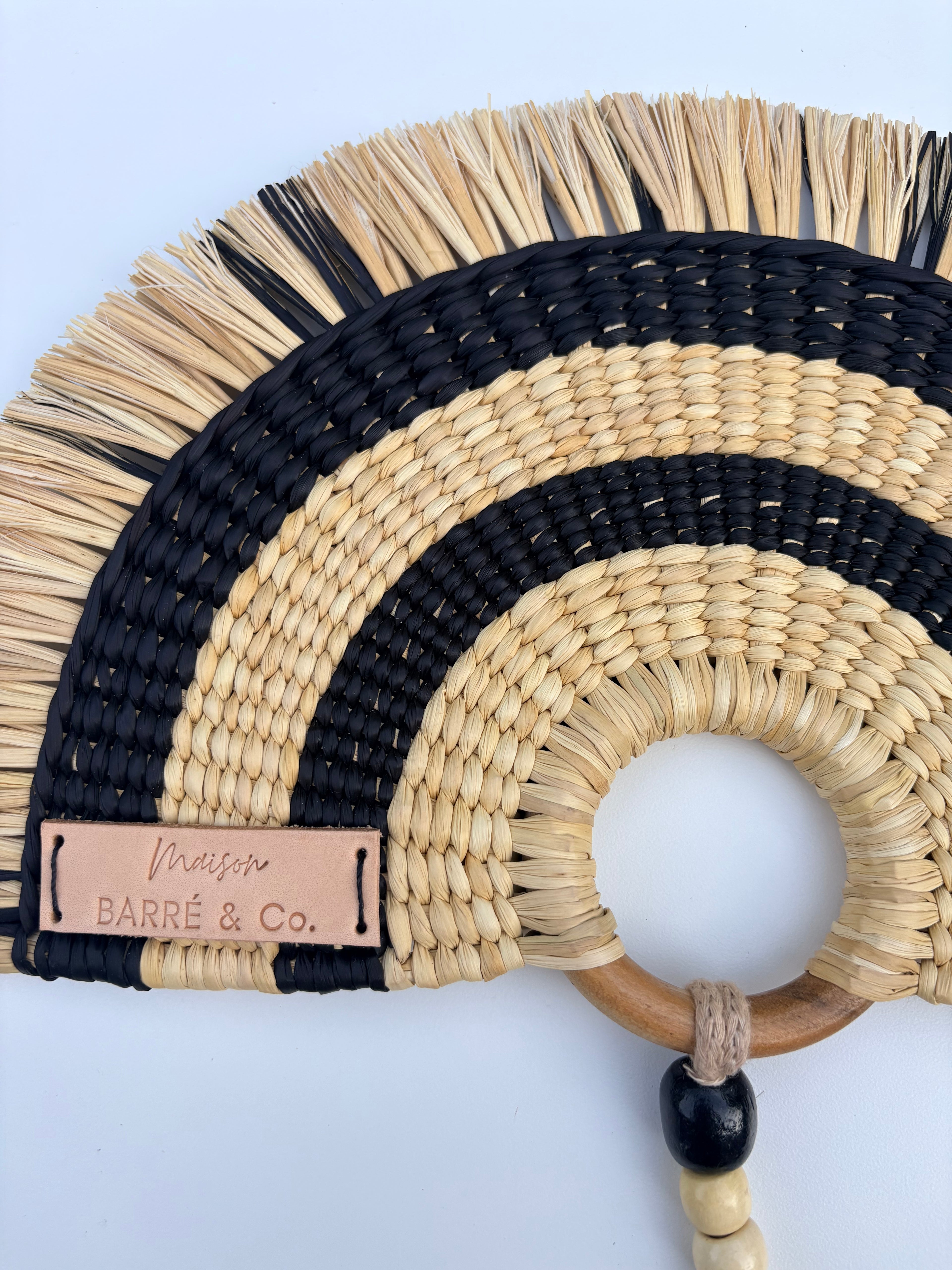 L'Arc Hand Fan with Medium Wooden Handle - Striped Black & Natural