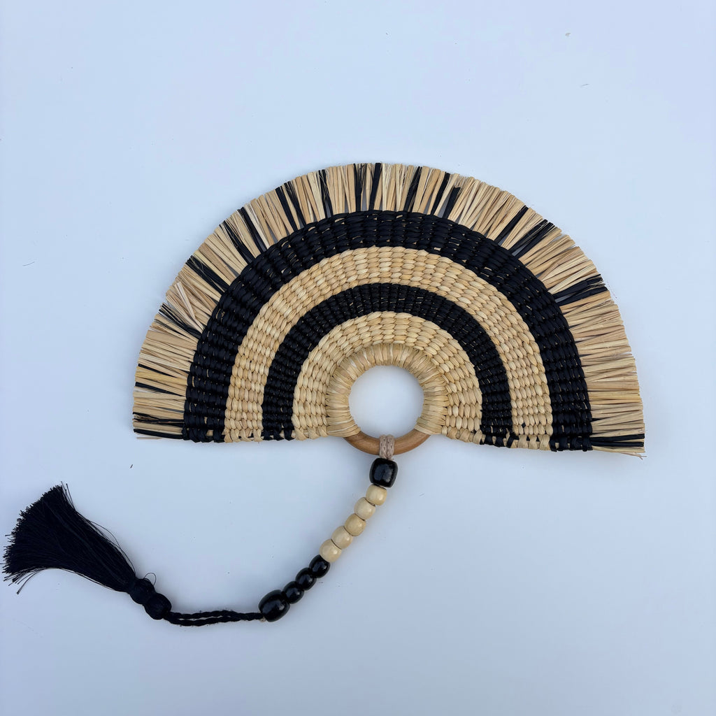 L'Arc Hand Fan with Medium Wooden Handle - Striped Black & Natural