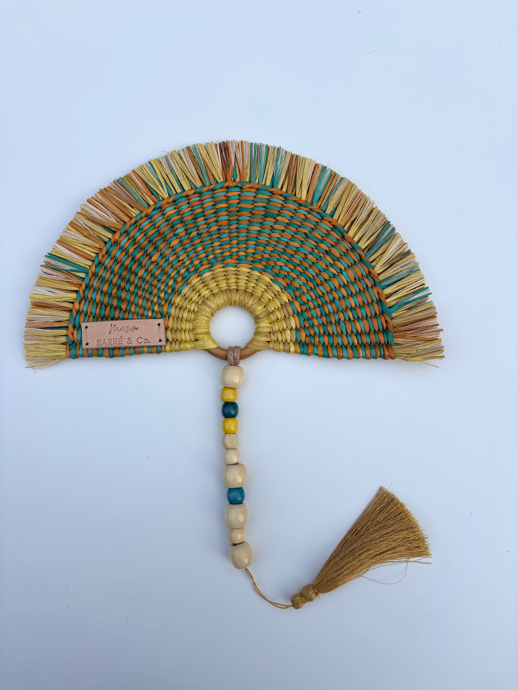 L'Arc Hand Fan with Small Wooden Handle - Yellow & Turquoise