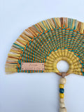 L'Arc Hand Fan with Small Wooden Handle - Yellow & Turquoise