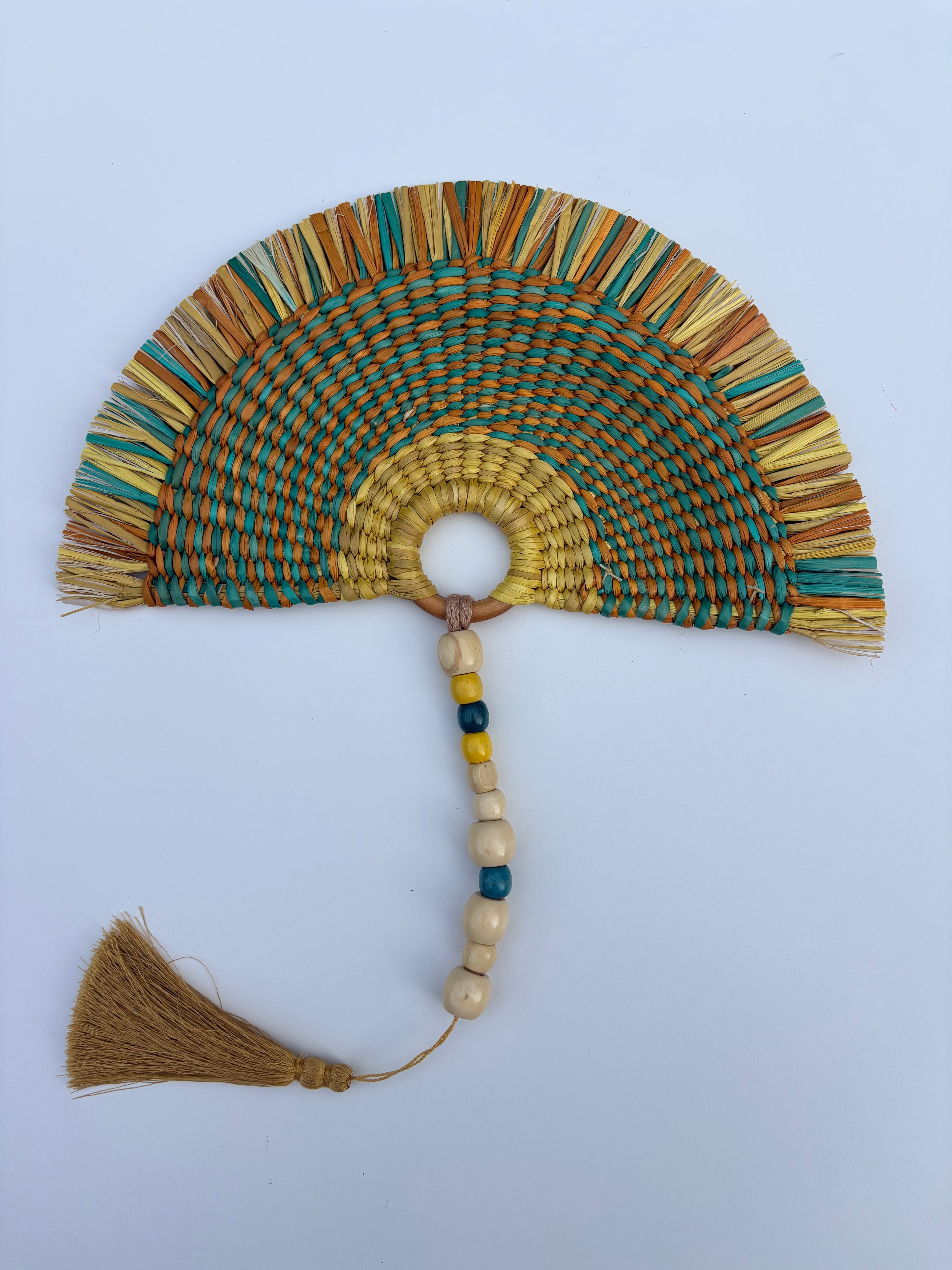 L'Arc Hand Fan with Small Wooden Handle - Yellow & Turquoise