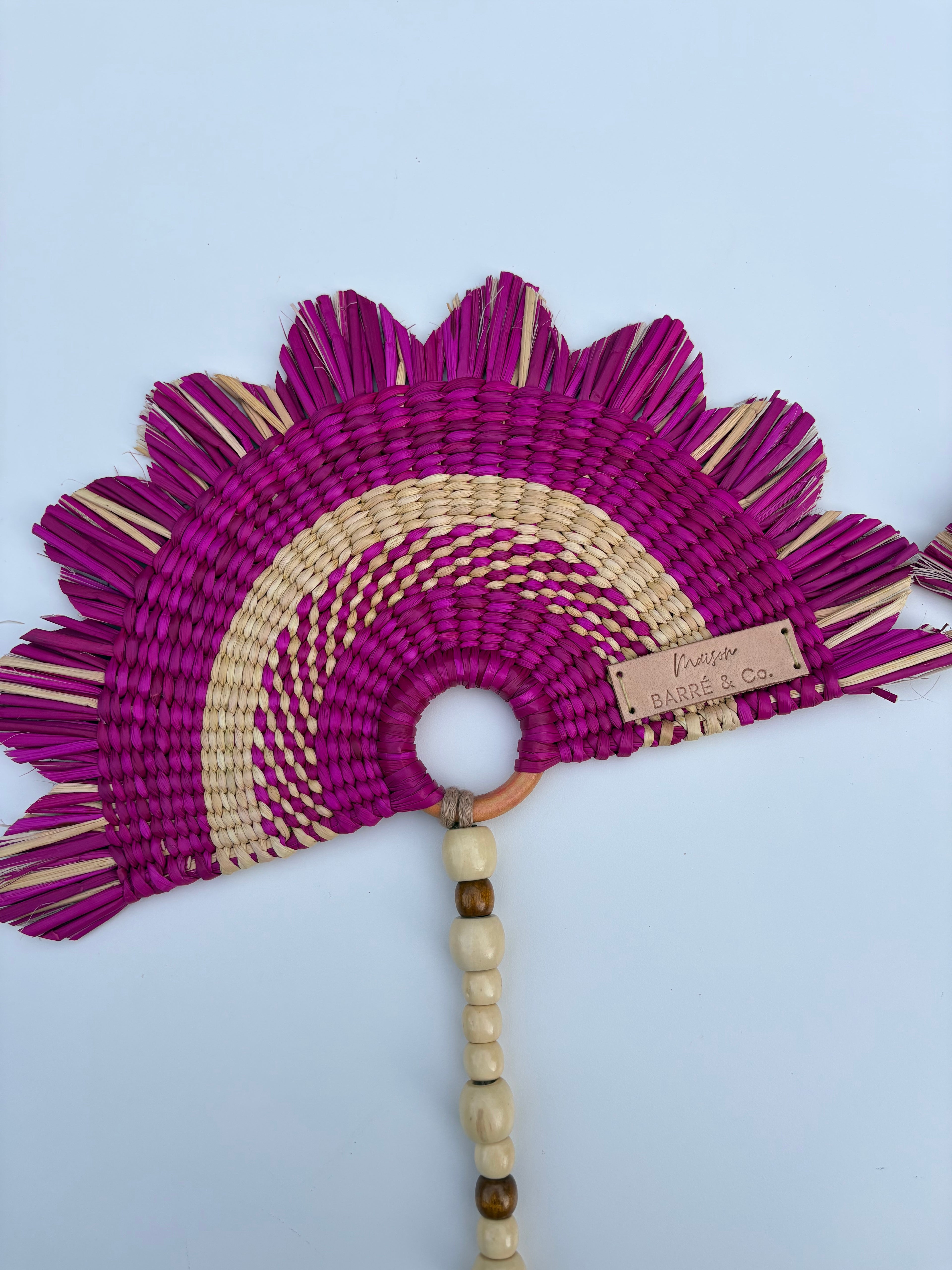 L'Arc Hand Fan with Small Wooden Handle - Fuchsia & Natural