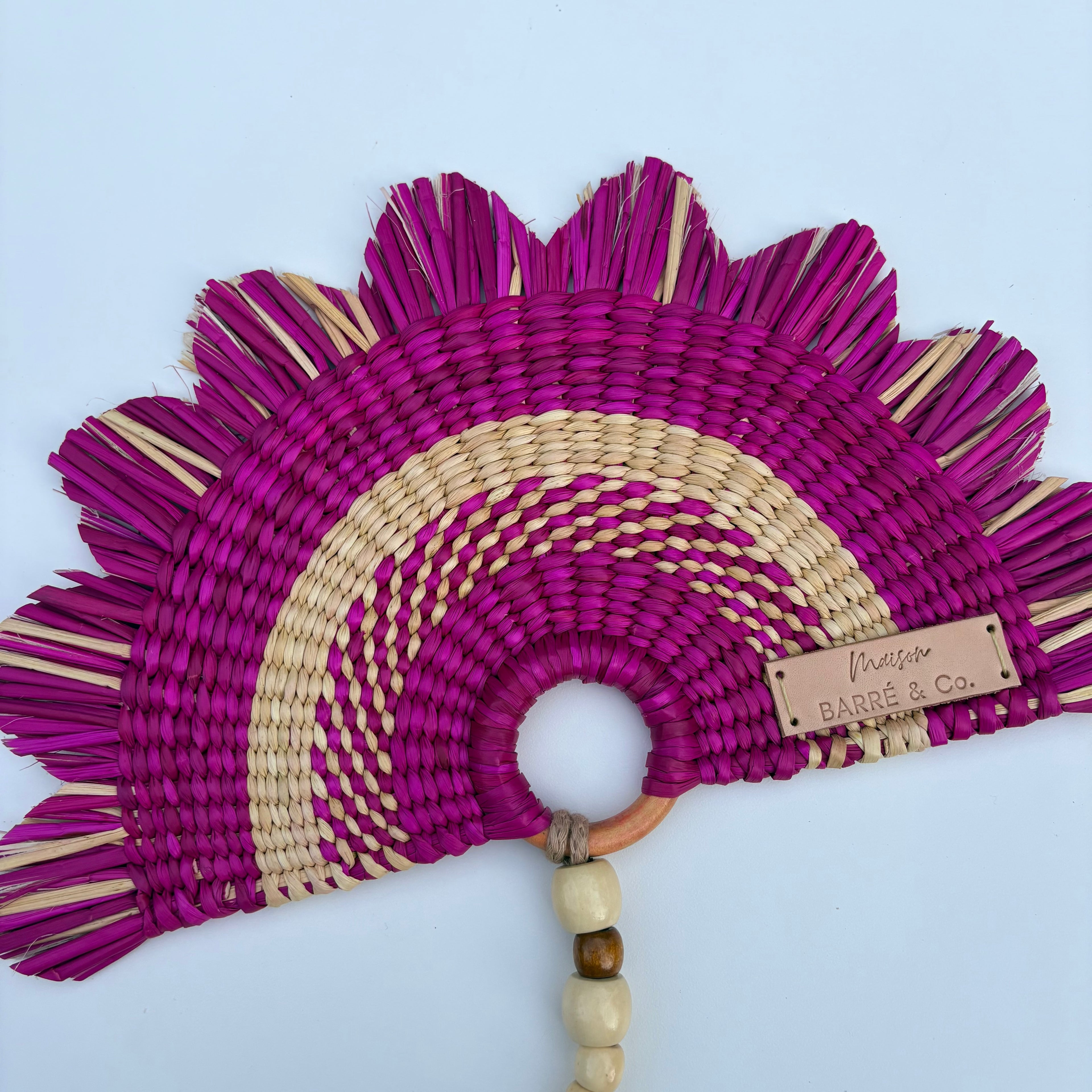 L'Arc Hand Fan with Small Wooden Handle - Fuchsia & Natural