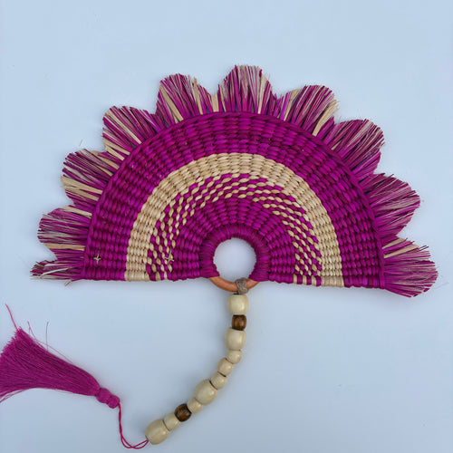 L'Arc Hand Fan with Small Wooden Handle - Fuchsia & Natural