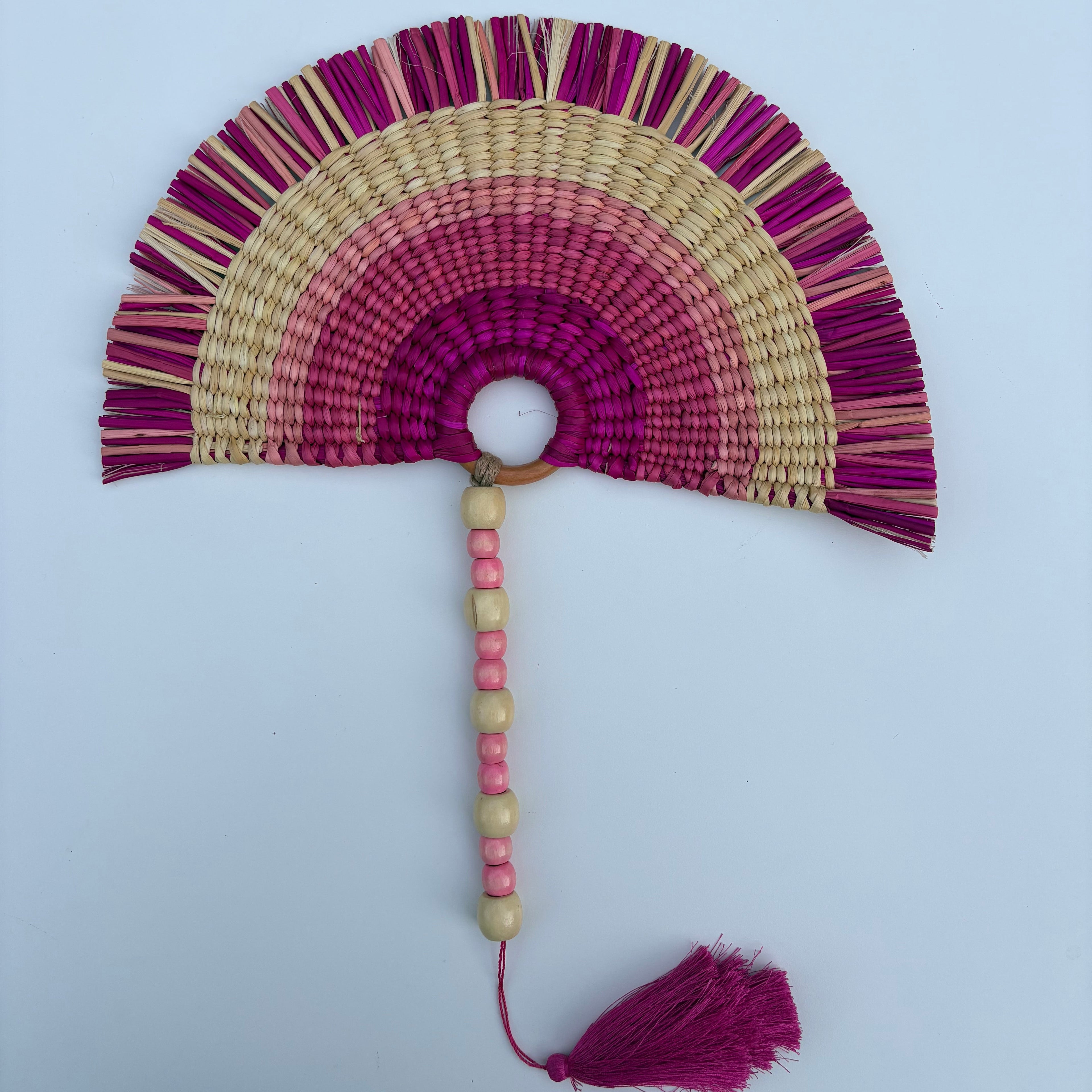 L'Arc Hand Fan with Small Wooden Handle - Pink mix & Natural