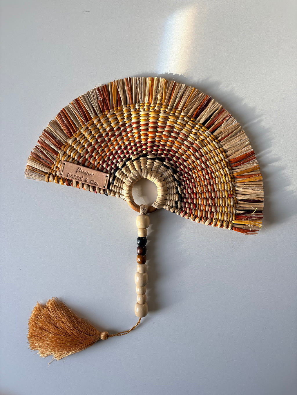 L'Arc Hand Fan with Small Wooden Handle - Brown & Yellow mix