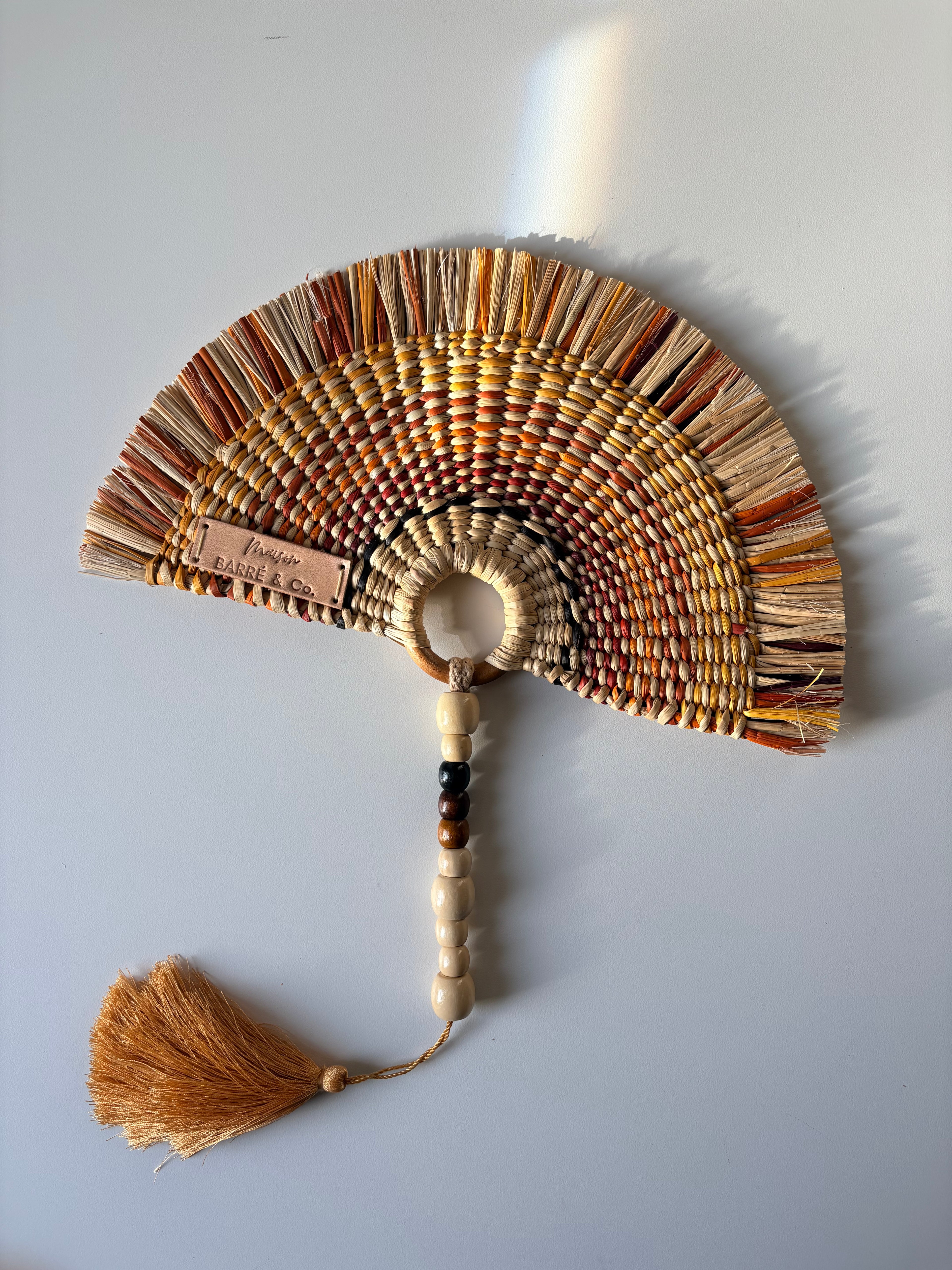 L'Arc Hand Fan with Small Wooden Handle - Brown & Yellow mix