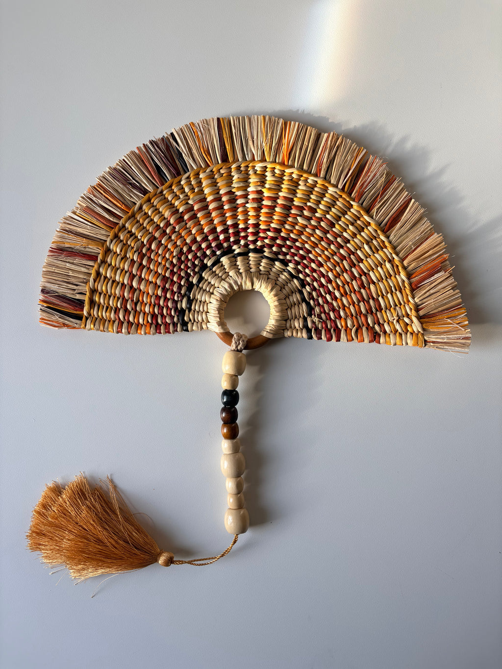 L'Arc Hand Fan with Small Wooden Handle - Brown & Yellow mix