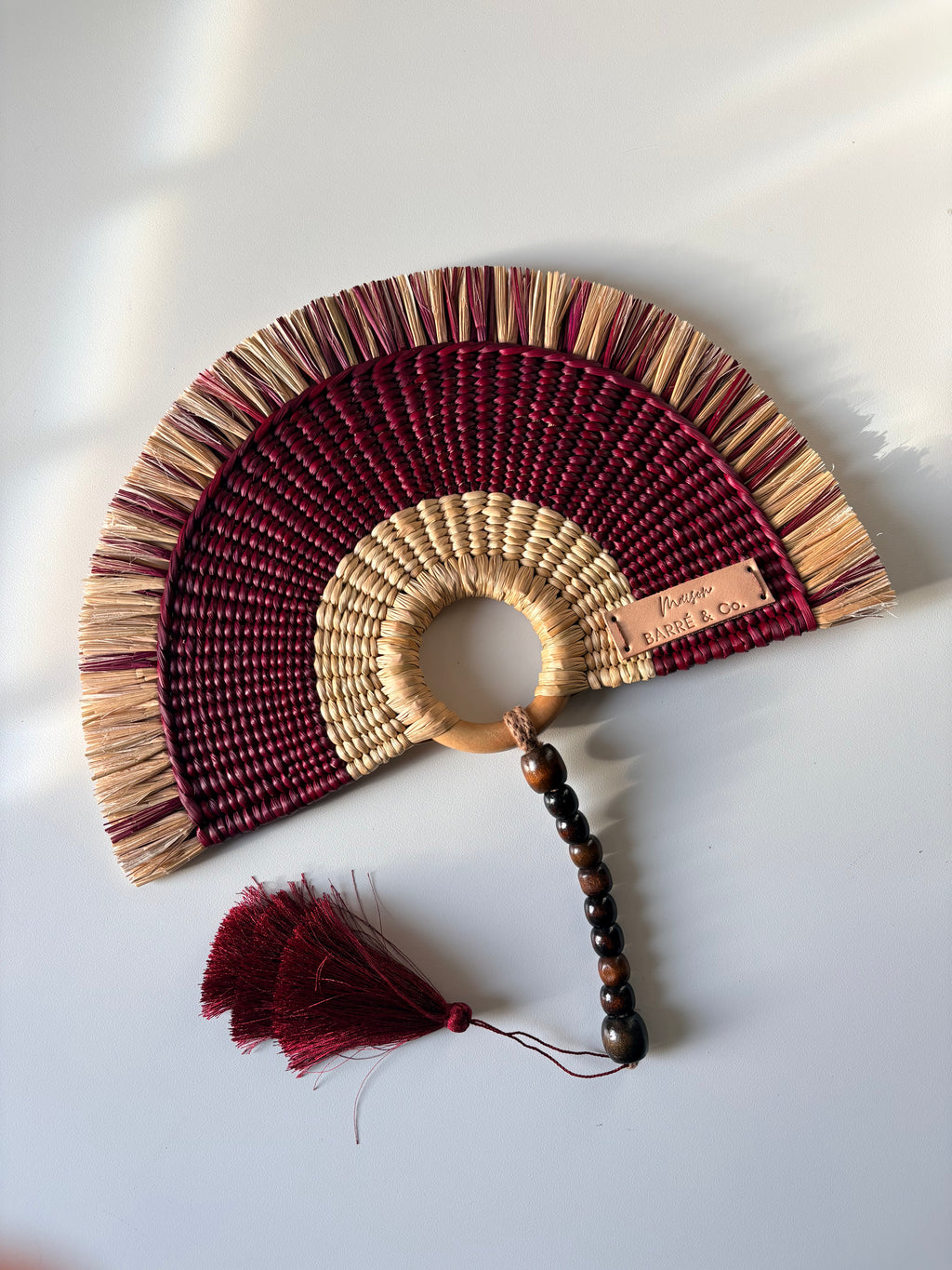 L'Arc Hand Fan with Medium Wooden Handle - Bordeaux & Natural