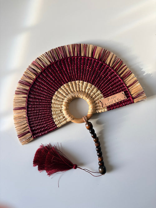 L'Arc Hand Fan with Medium Wooden Handle - Bordeaux & Natural