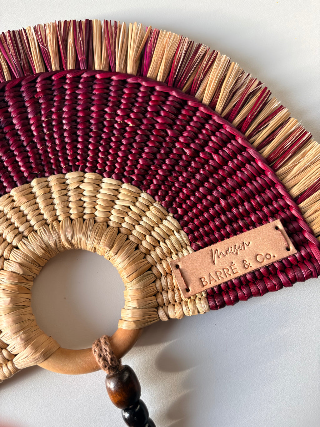 L'Arc Hand Fan with Medium Wooden Handle - Bordeaux & Natural