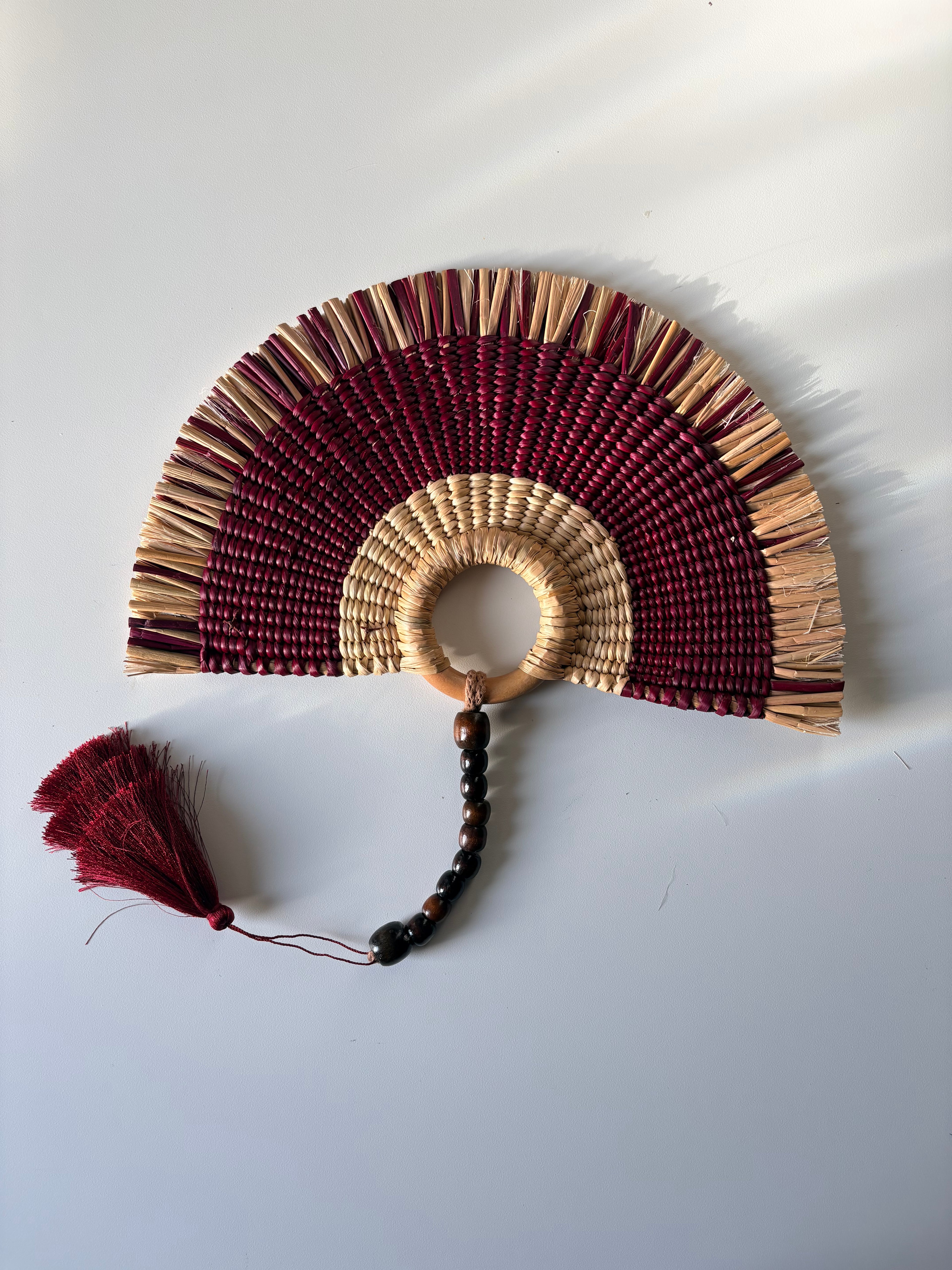 L'Arc Hand Fan with Medium Wooden Handle - Bordeaux & Natural