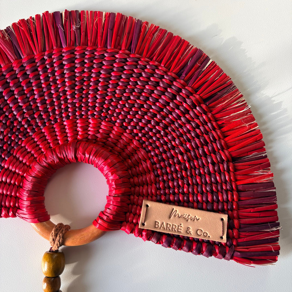 L'Arc Hand Fan with Medium Wooden Handle - Red & Bordeaux