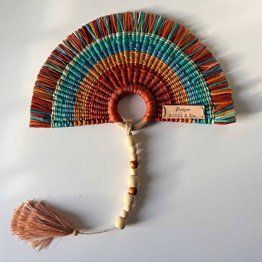 L'Arc Hand Fan with Medium Wooden Handle - Brown Turquoise Mix