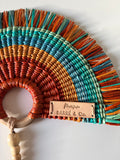 L'Arc Hand Fan with Medium Wooden Handle - Brown Turquoise Mix