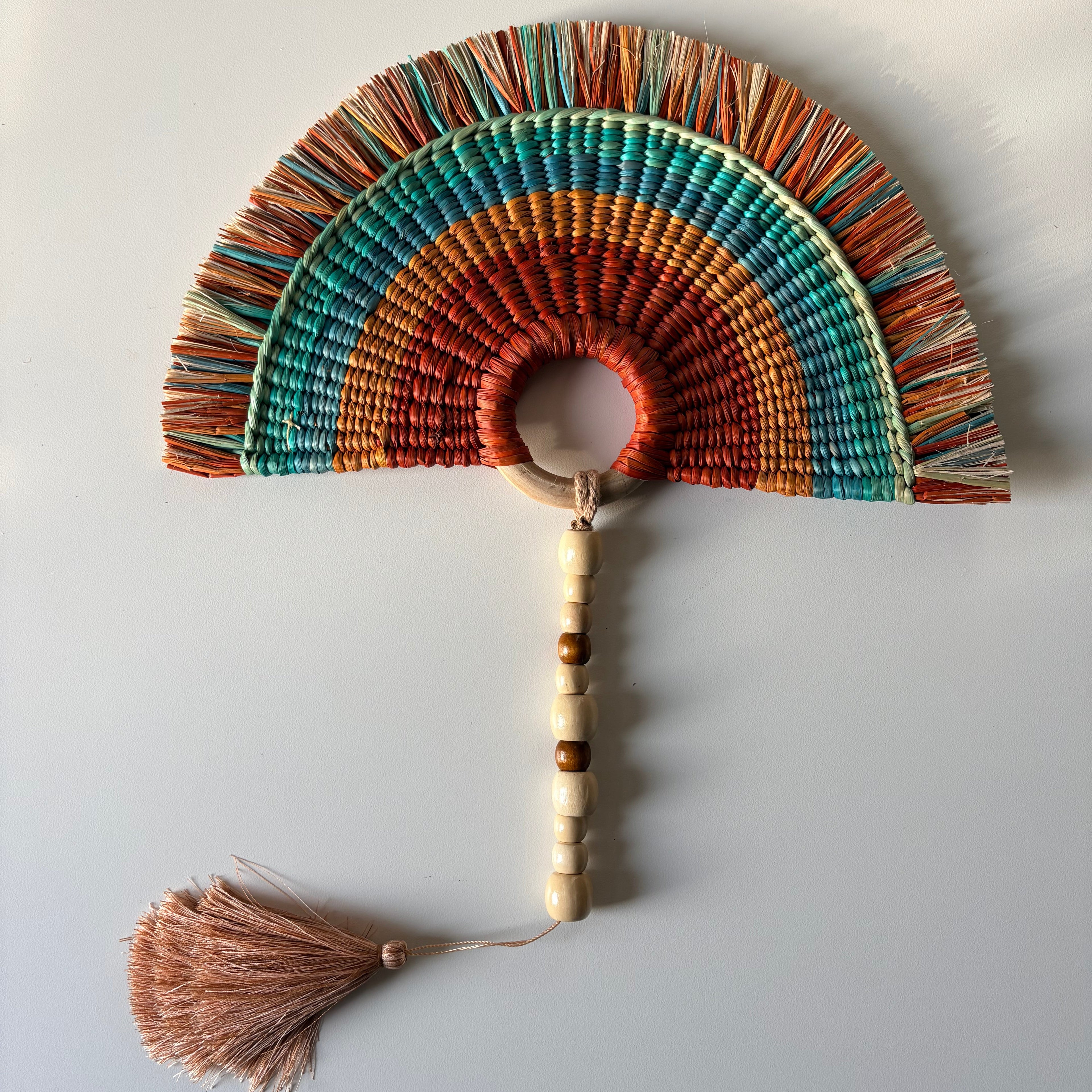 L'Arc Hand Fan with Medium Wooden Handle - Brown Turquoise Mix