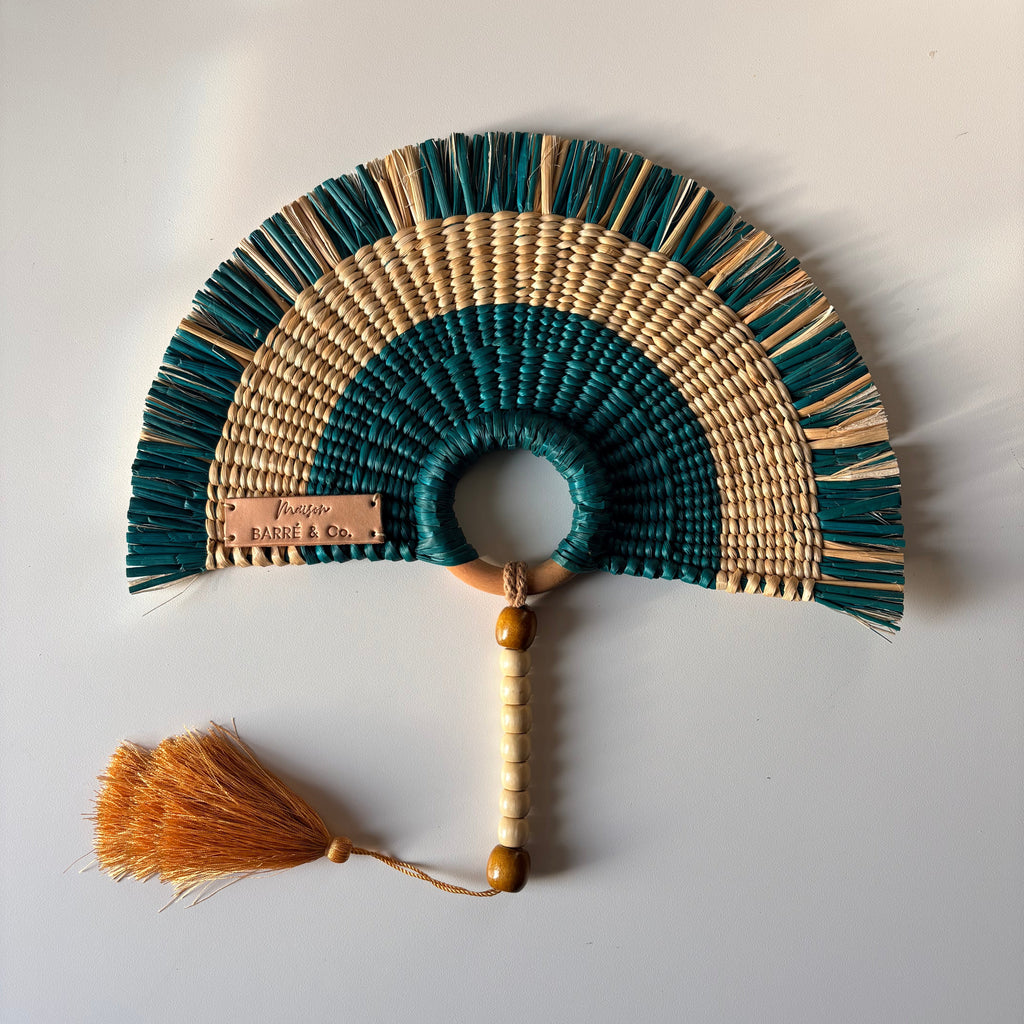 L'Arc Hand Fan with Medium Wooden Handle - Turquoise & Natural