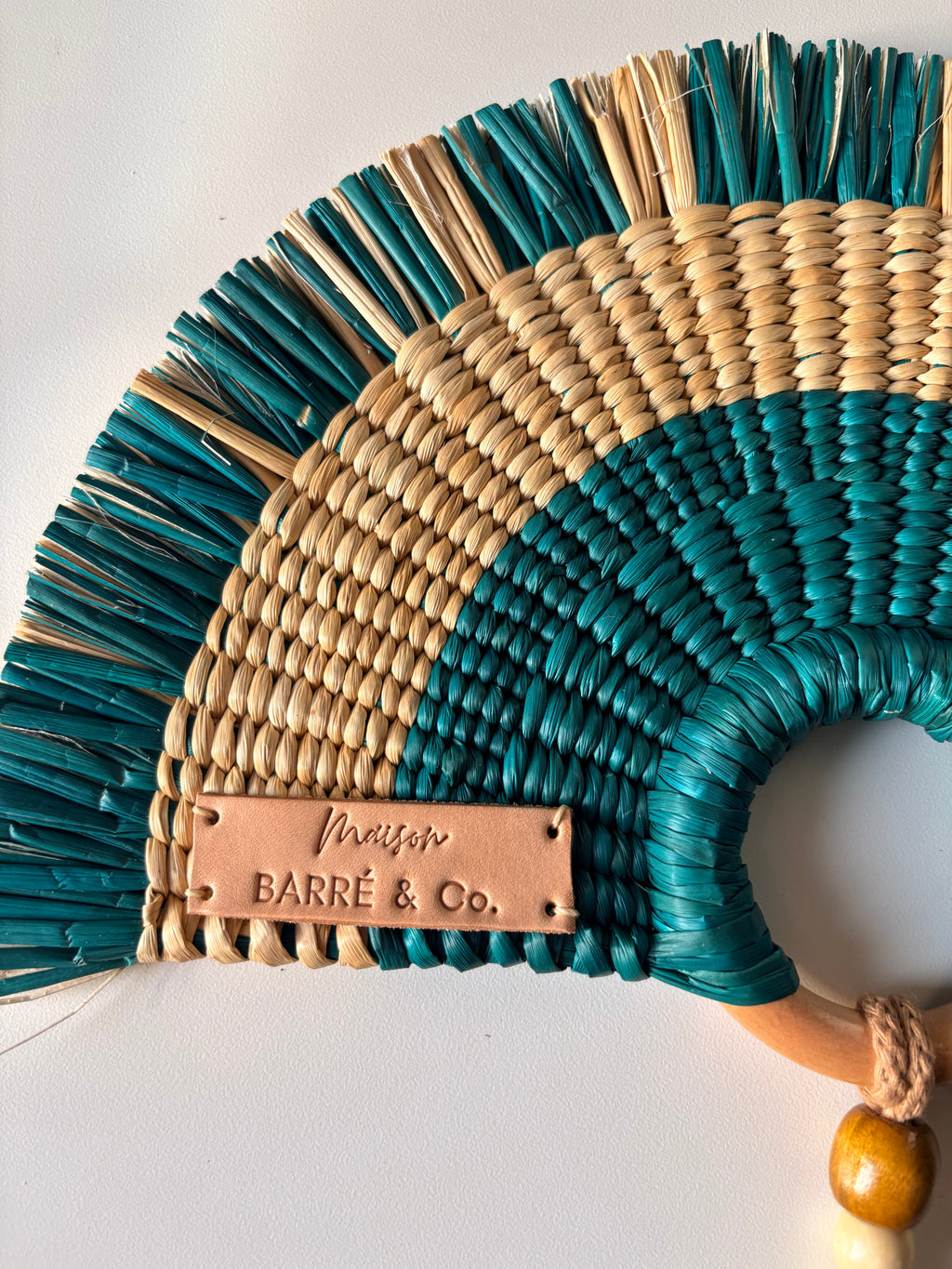 L'Arc Hand Fan with Medium Wooden Handle - Turquoise & Natural