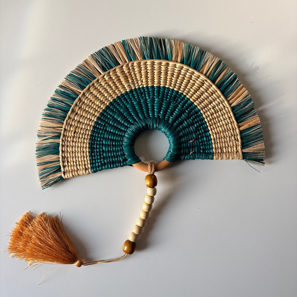 L'Arc Hand Fan with Medium Wooden Handle - Turquoise & Natural