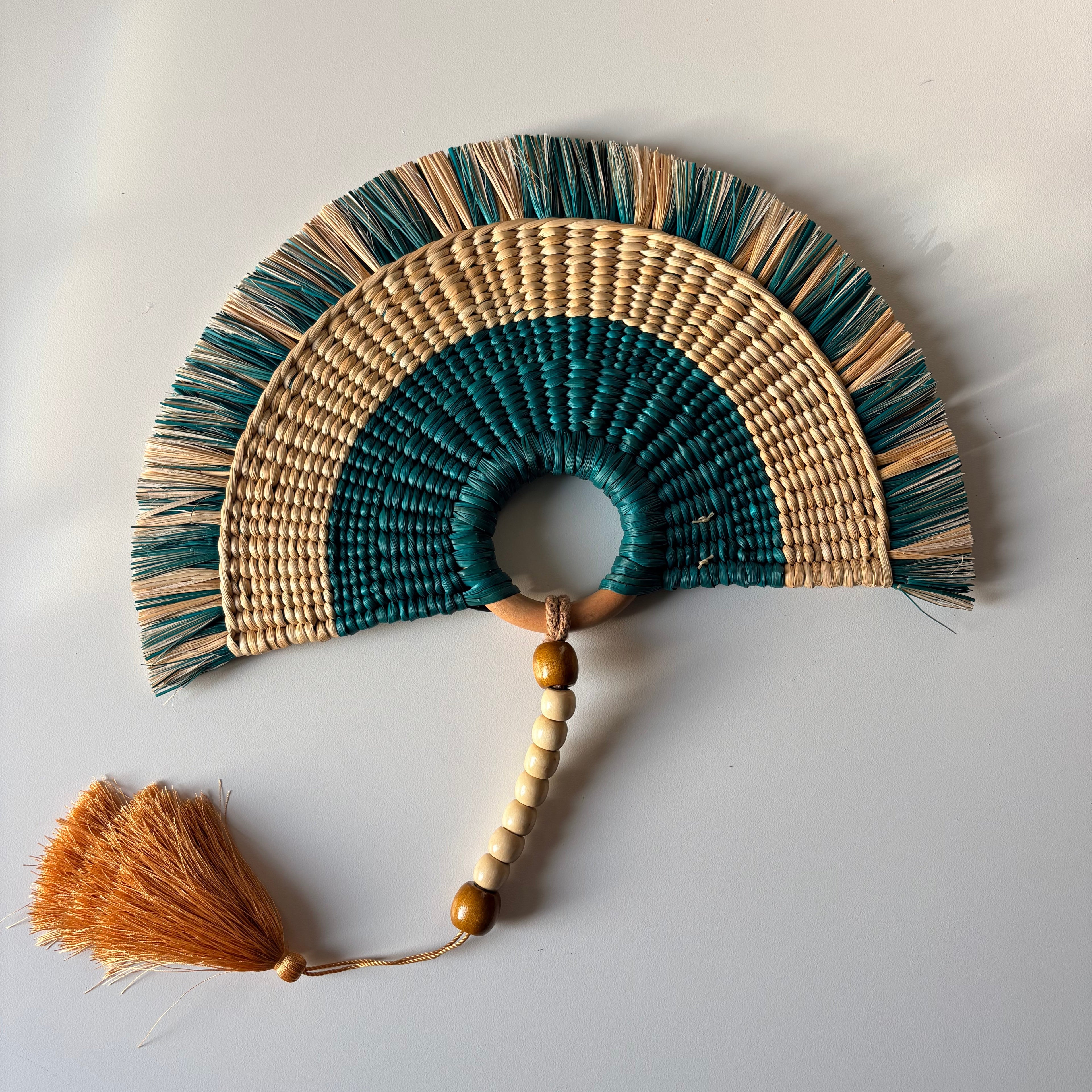 L'Arc Hand Fan with Medium Wooden Handle - Turquoise & Natural